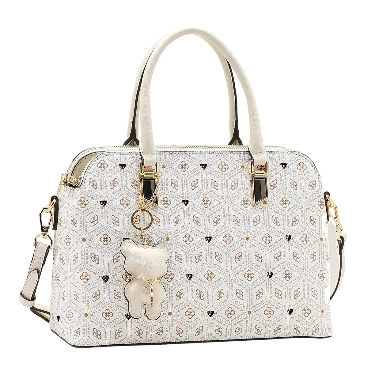 Bolsa feminina Chenson off white com estampa geométrica dourada e preta, vista frontal com leve ângulo lateral direito